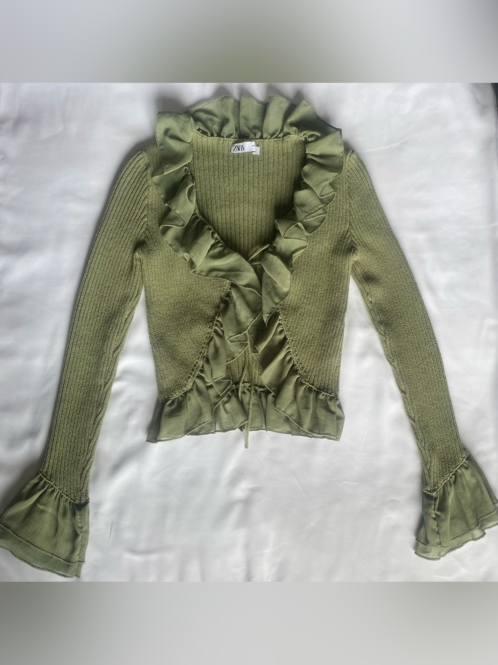 Zara Olive Green Ruffle Tie Front Cardigan Bell Sleeve Fairycore Top S - Picture 3 of 7